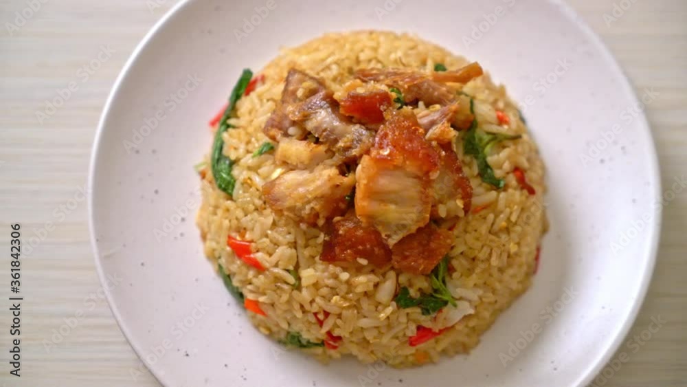 fried rice with Thai basil and crispy belly pork - Thai food style fried rice with Thai basil and crispy belly pork - Thai food style