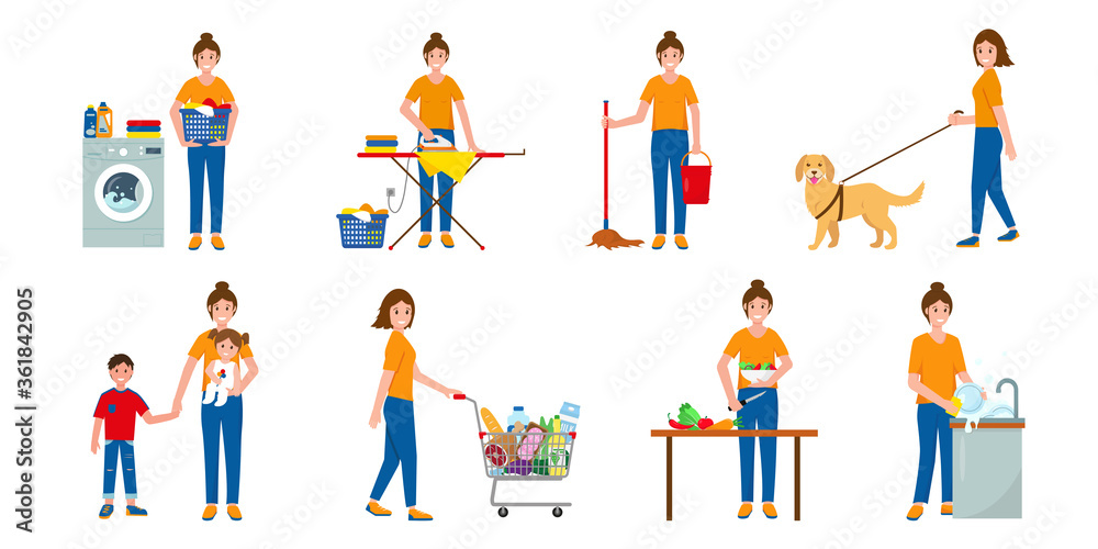 Set of scenes with woman doing housework