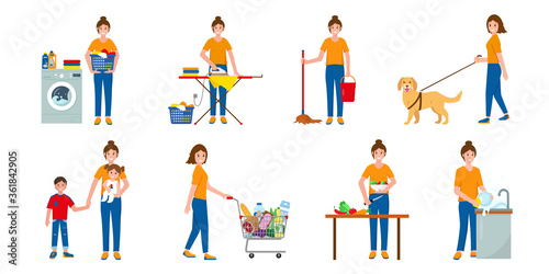 Set of scenes with woman doing housework