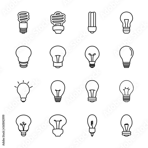 spiral bulb lights and lightbulbs icon set, line style
