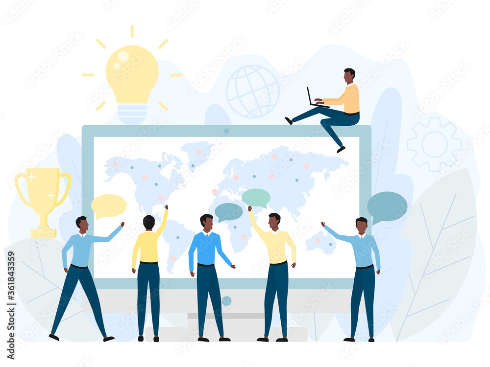 Small african people character discussed business data on a big computer. Vector illustration isolated on white. Business american team working together. Small african people character discussed business data on a big computer. Vector illustration isolated on white. Business american team working together.