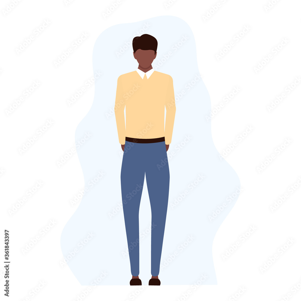 Fototapeta premium Disappointed sad young african man standing alone. Unsuccessful american businessman, manager or worker in flat style vector illustration isolated on white.