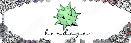 Vector illustration of a spiked metal sphere with animal print hearts on white background. Bondage poster.