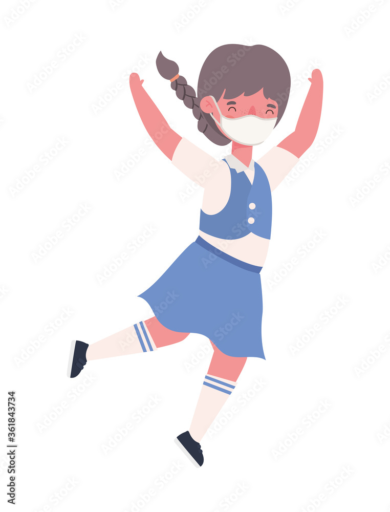 Fototapeta premium Girl kid with medical mask and uniform jumping design, Back to school theme Vector illustration
