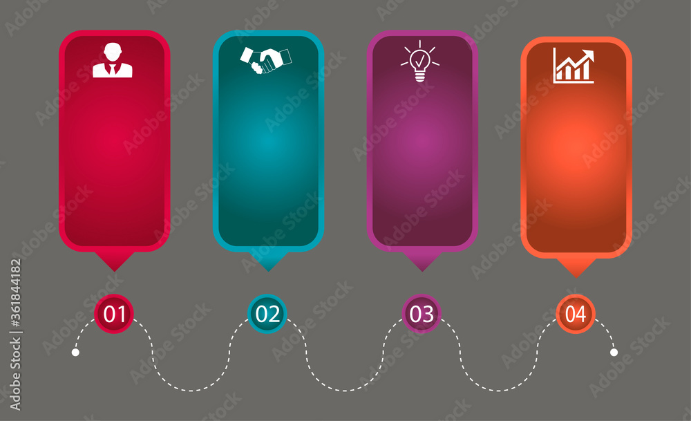 Business data visualization, infographics. Scheme of the process of elements with the help of graphics, diagrams in four stages, numbers, icons, variants, parts. Business vector for presentation.