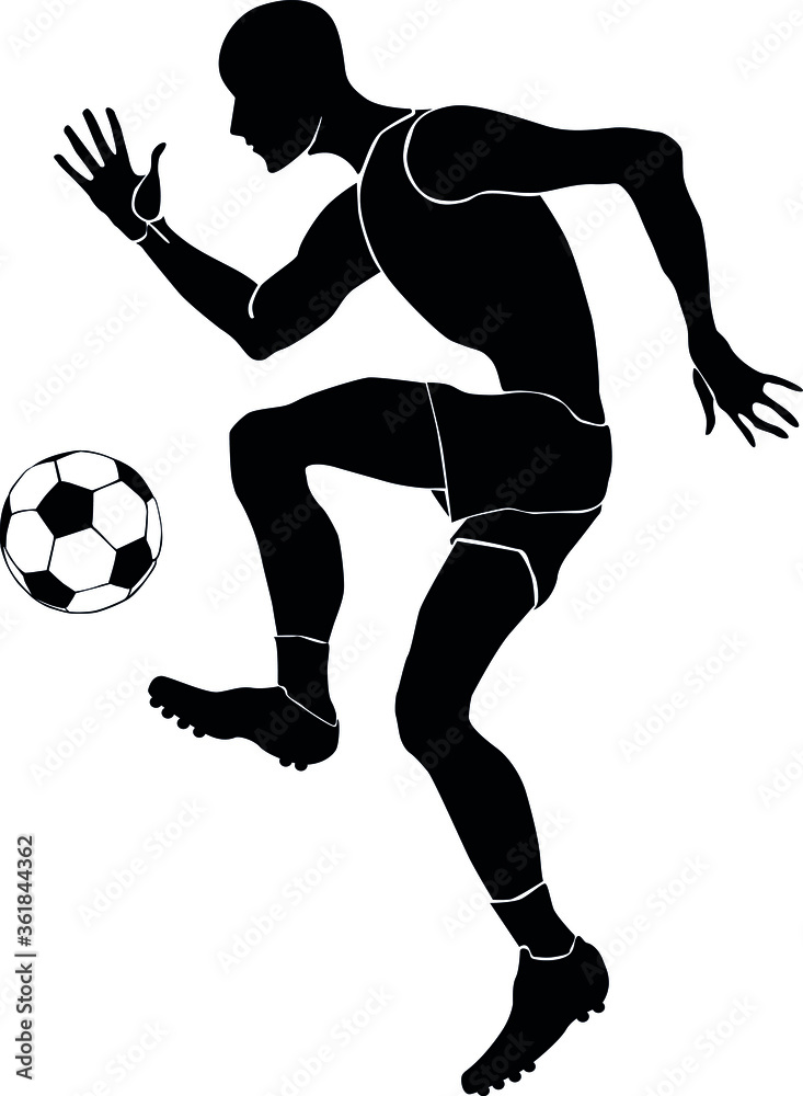A football player plays with a ball. Sport. Vector monochrome isolated silhouette image.