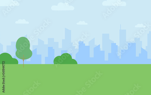 City park with lawn and trees on background town with silhouette business skyscrapers buildings.Vector illustration. Abstract urban cityscape day summer background. Modern city. Copy space for text