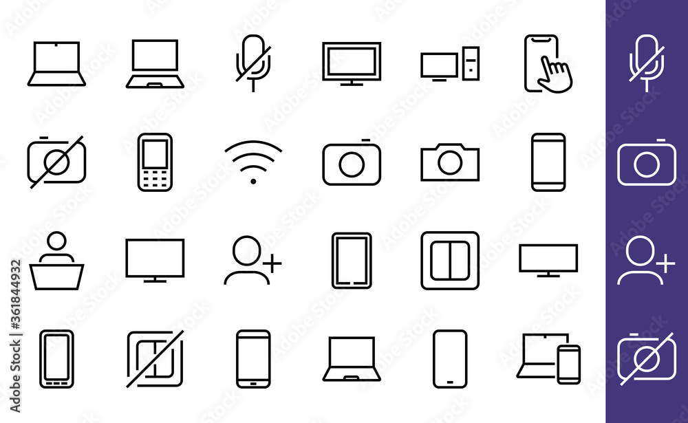 SMART devices and gadgets linear icons set, vector, contains icons computer, camera, laptop, phone, web devices, electronic appliances, and much more. Editable stroke SMART devices and gadgets linear icons set, vector, contains icons computer, camera, laptop, phone, web devices, electronic appliances, and much more. Editable stroke