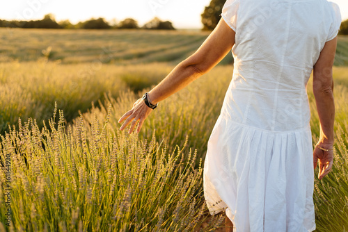 Beautiful woman in a white dress walks in the lavender field