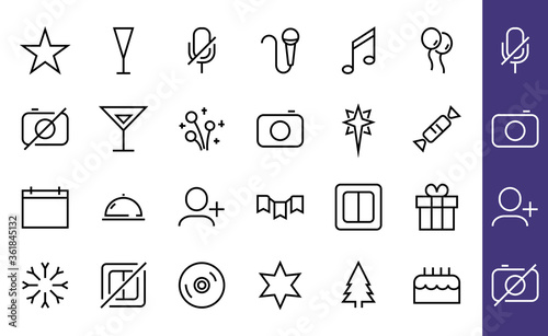 Simple set of celebration icons related to vector line. Contains icons such as music, new year, stars, balls, cake, karaoke, dj and much more. Editable stroke. 480x480