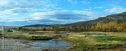 Iceland-panoramic view of nature near the Strokkur Geyser