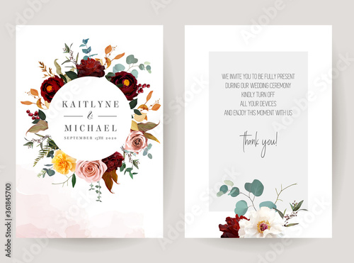 Mustard yellow and dusty pink rose, burgundy red dahlia, emerald green and teal blue eucalyptus