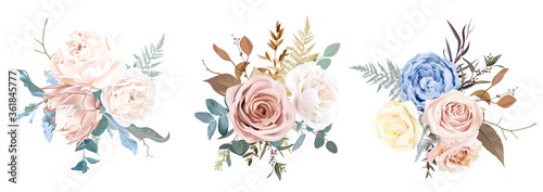 Desert dusty brown and yellow rose, beige peony, pastel pink protea, blue ranunculus