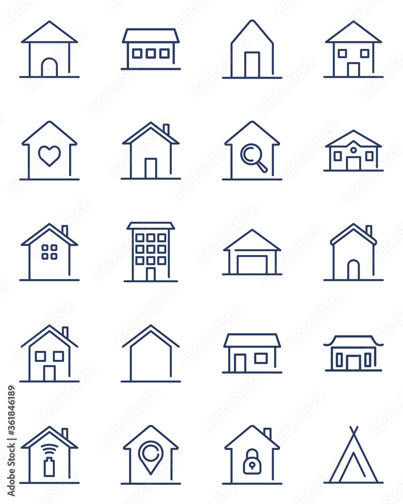 Home line icons set. Homepage, shelter, hut, cottage, family country house, traditional building, apartment. Simple pictograms for mortgage, real estate, property concept