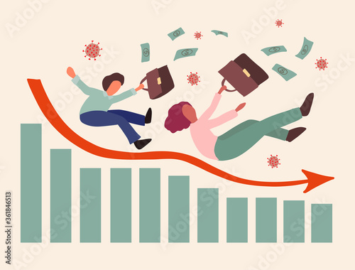 Illustration of global economic impacts, recession, economy graph chart down. Bankrupt concept. People or businessmans falls down on graphic. financial trend arrow risk crisis, business lost money vec
