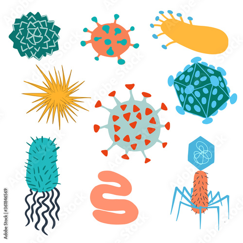Cartoon Cute germ, bacteria and viruses collection. Cartoon microbes set. Isolated flat vector illustration of bacteriophage, influenza virus. coronavirus