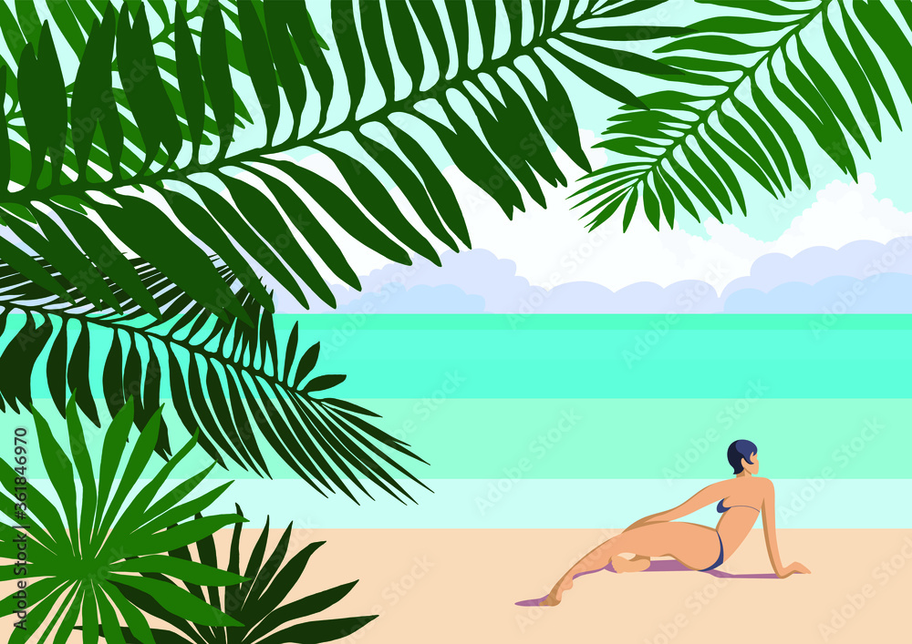 Vector illustration : summer tropical sunny lanscape with blue sea, warm sand , dark green palm leaves and beautiful young woman wearing swim suit. Design about happy summer vacations for card, poster