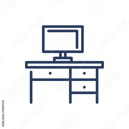 Computer table thin line icon. Desk, desktop, PC isolated outline sign. Home interior, furniture, workplace concept. Vector illustration symbol element for web design and apps