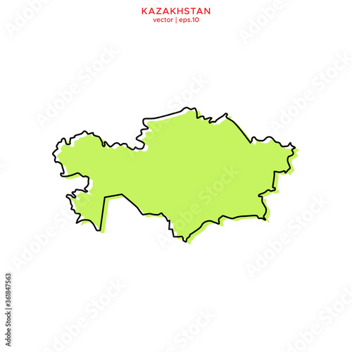 Green Map of Kazakhstan with Black Outline Vector Design Template. Editable Stroke