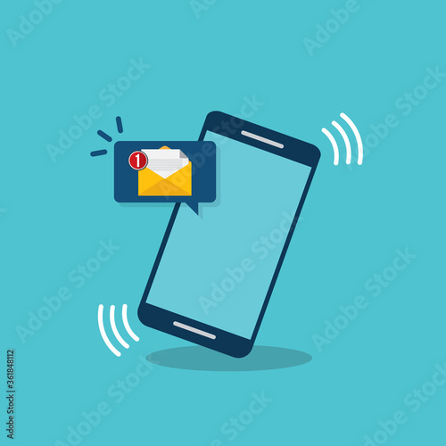 Smartphone with notification sms on screen.Alert of new message mail on mobile phone. Unread sms message on screen of cellphone. Reminder inbox notice.Flat design vector.