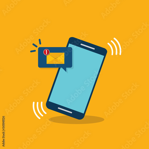 Smartphone with notification sms on screen.Alert of new message mail on mobile phone. Unread sms message on screen of cellphone. Reminder inbox notice.Flat design vector.