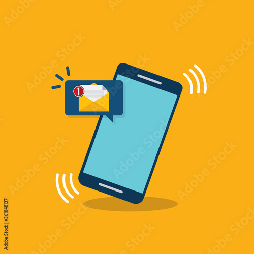 Smartphone with notification sms on screen.Alert of new message mail on mobile phone. Unread sms message on screen of cellphone. Reminder inbox notice.Flat design vector.