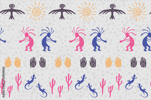 Traditional, design with gecko, Kokopelli fertility god, sun, bird, cacti.