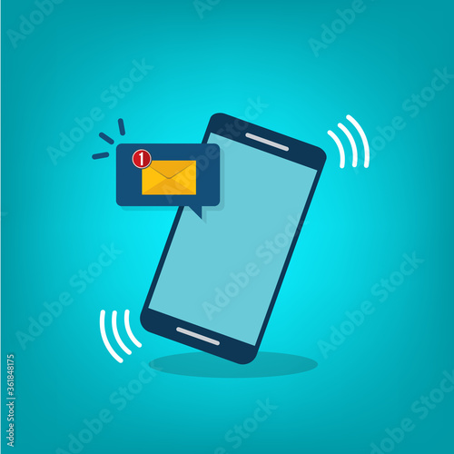 Smartphone with notification sms on screen.Alert of new message mail on mobile phone. Unread sms message on screen of cellphone. Reminder inbox notice.Flat design vector.