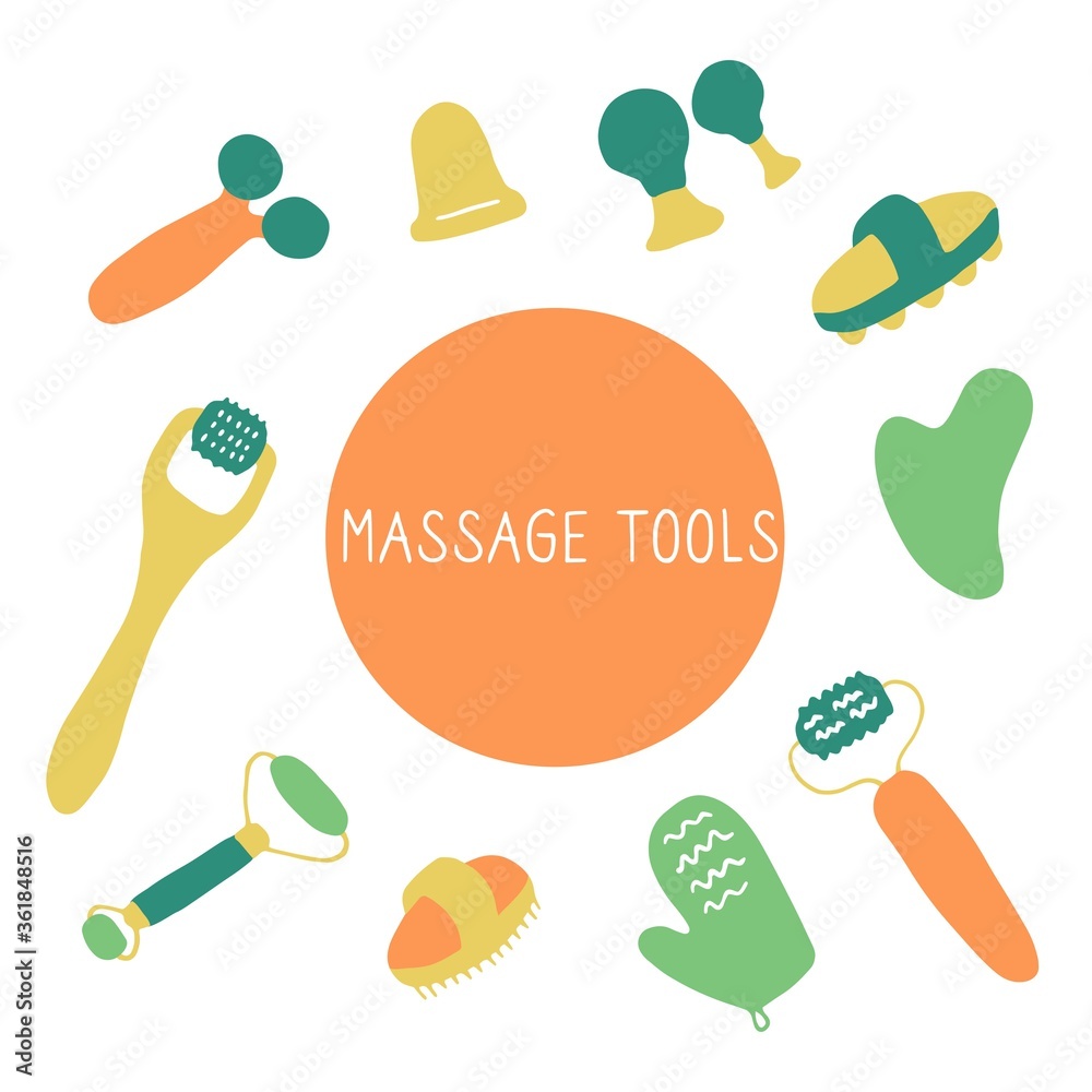 Massage tools. Massagers for face and body. Equipment for drainage, skin tightening lifting and health. Anti-cellulite brushes, massage rollers and gua sha scraper. Hand drawn flat illustration