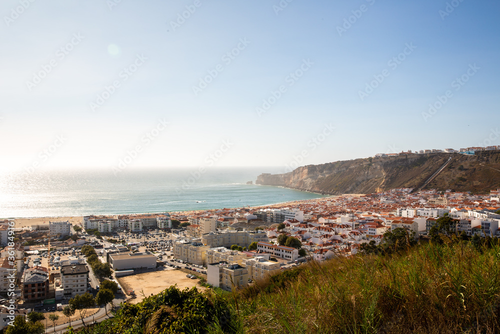 Overlooking Nazare beach and town in Portugal