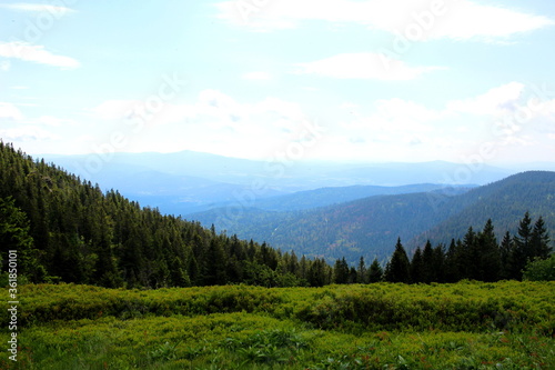 Panorama Ausblick auf die waldigen Gipfel der Berge des Bayerischen Walds © Sabine