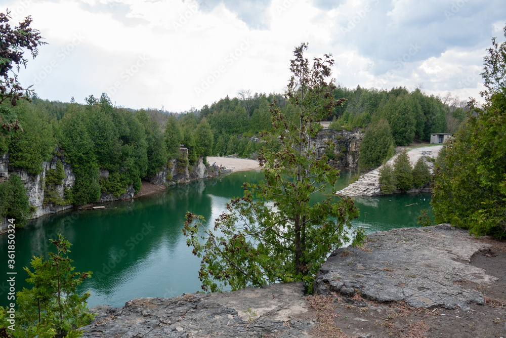 Φωτογραφία Cliff edge and trees overlooking green flooded water by the Elora Gorge
