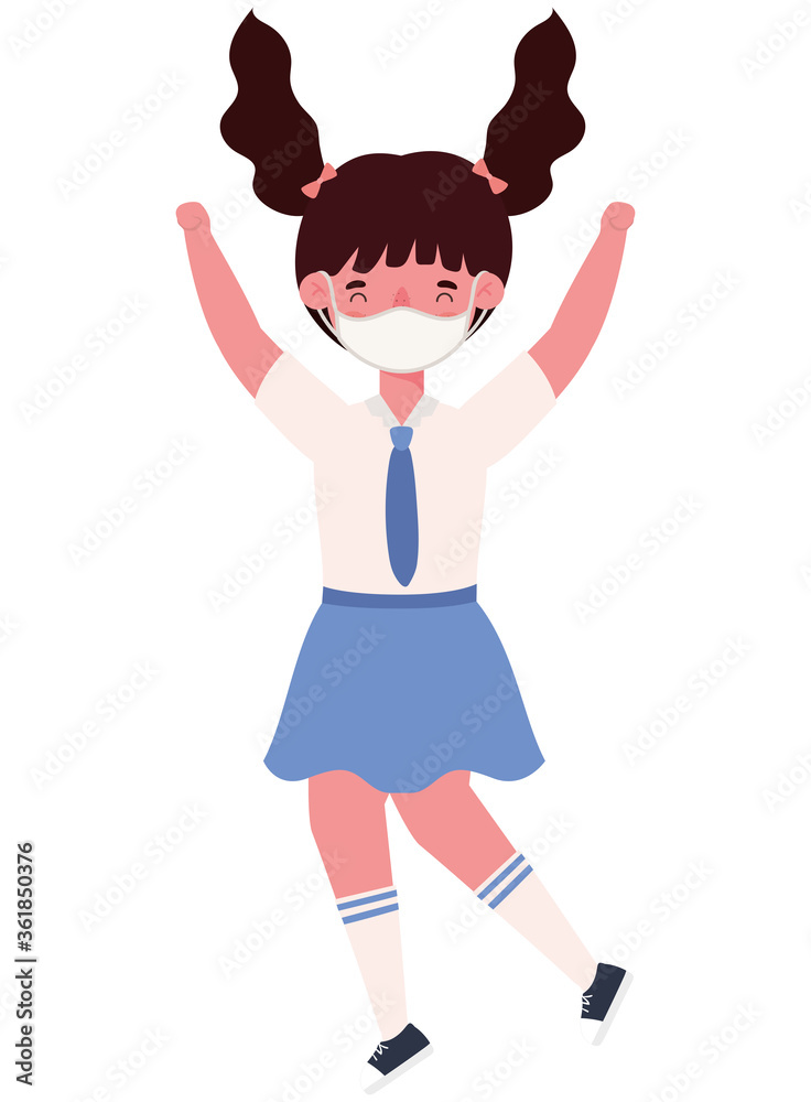 Girl kid with medical mask and uniform jumping design, Back to school theme Vector illustration Girl kid with medical mask and uniform jumping design, Back to school theme Vector illustration