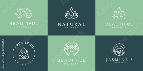 feminine outline logo design bundle, can be used for cosmetic, beauty salon, spa, yoga and skin care. premium logo design and business cards.
