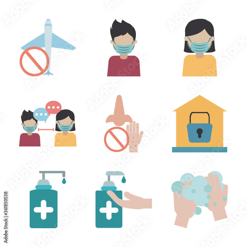 covid 19 coronavirus, prevention outbreak disease pandemic virus icons set flat design icon