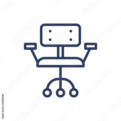 Armchair for workplace thin line icon. Adjustable stool, desktop chair with wheels isolated outline sign. Home interior, furniture, sitting concept. Vector illustration symbol element for web design