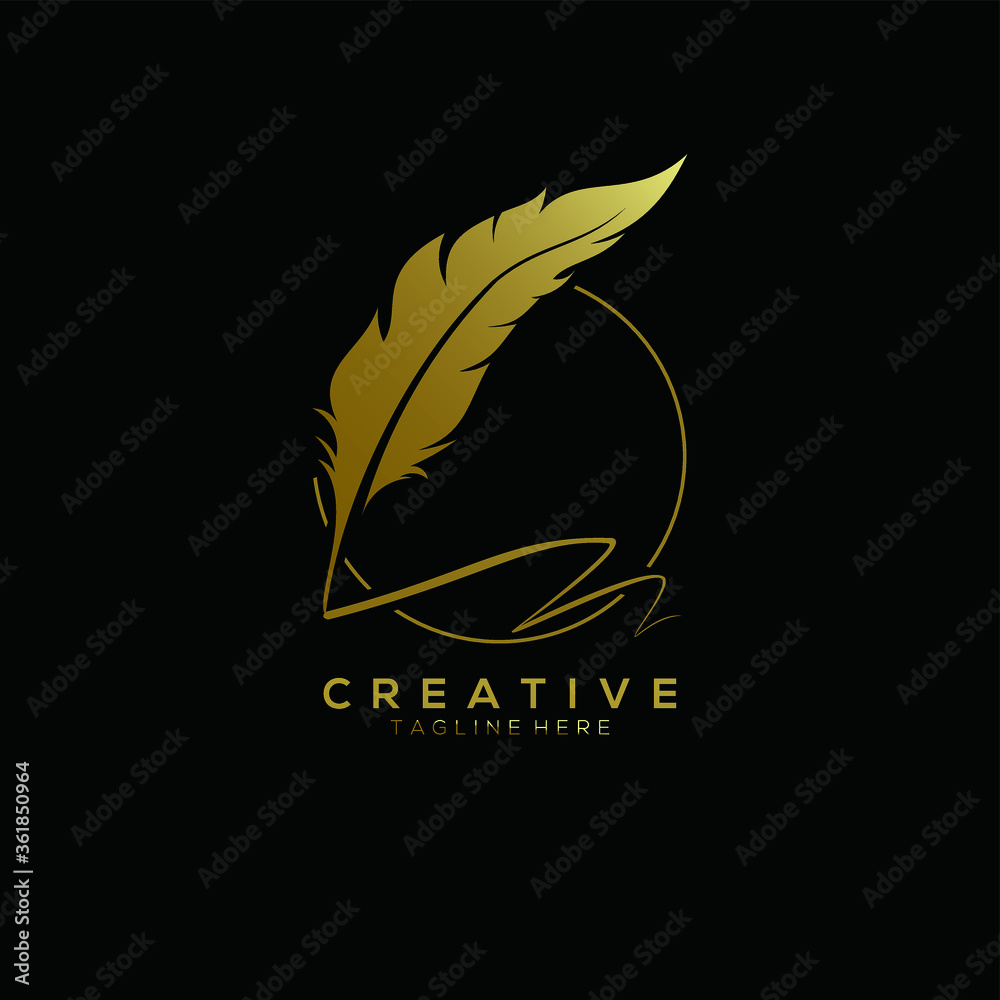 feather pen logo gold with circle line vector design template Stock ...