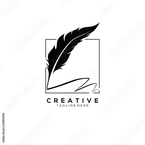 feather pen logo silhouette with square line vector design template