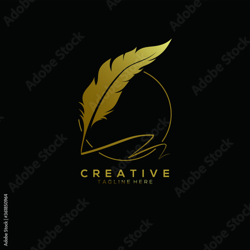feather pen logo gold with circle line vector design template
