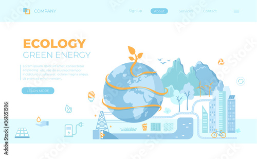 Ecology, Saving the earth, Green Eco city planet, Eco-friendly conservation concept ideas. Solar panels, wind turbines, bio technology, save energy. Can use for web banner, landing page, web template.