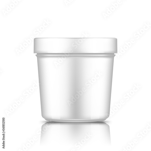 White plastic bucket mockup isolated from background: ice cream, butter or yogurt container. Package design for branding. Blank food, medical, beauty product template. 3d realistic vector illustration