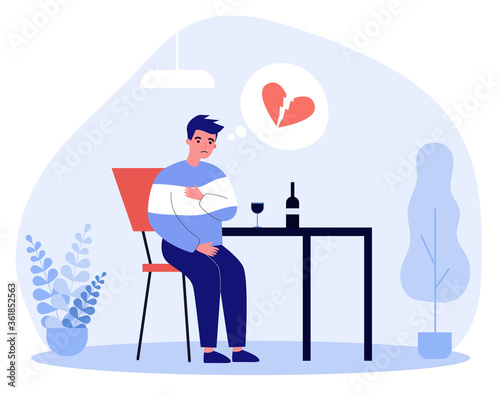 Unhappy man with broken heart drinking wine alone. Breakup, heartbreak, despair flat vector illustration. Alcohol addiction, divorce concept for banner, website design or landing web page