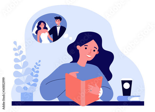 Happy young woman planning her wedding. Bride wearing engagement ring, watching catalogue flat vector illustration. Wedding, engagement concept for banner, website design or landing web page