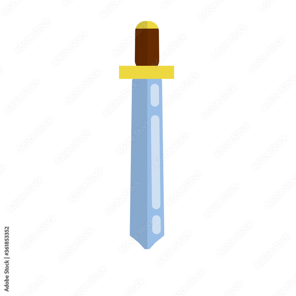 Ancient sword. Sharp blade with brown handle. A short blade. Gray steel. Cartoon flat illustration. Swordsman soldier inventory item Ancient sword. Sharp blade with brown handle. A short blade. Gray steel. Cartoon flat illustration. Swordsman soldier inventory item