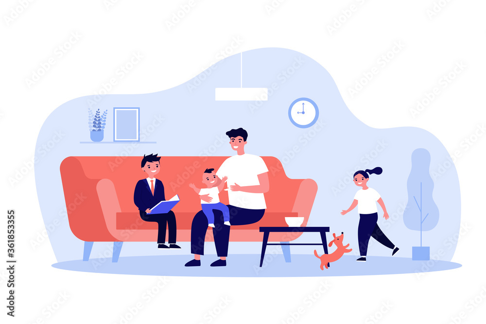 Single father playing games with kids at home. Happy young man and group of children having fun in living room together. Vector illustration for dad, family, parenthood concept Single father playing games with kids at home. Happy young man and group of children having fun in living room together. Vector illustration for dad, family, parenthood concept
