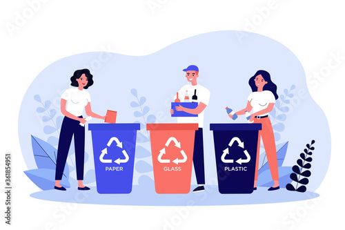 Happy men and women sorting trash. People putting plastic, glass, paper waste into different dumpsters with recycling symbols. Vector illustration for environment protection, garbage, litter concept