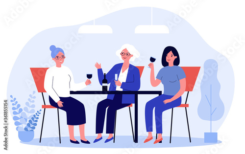 Young and senior women drinking wine in cafe. Family meeting, girls party flat vector illustration. Togetherness, generation, celebration concept for banner, website design or landing web page