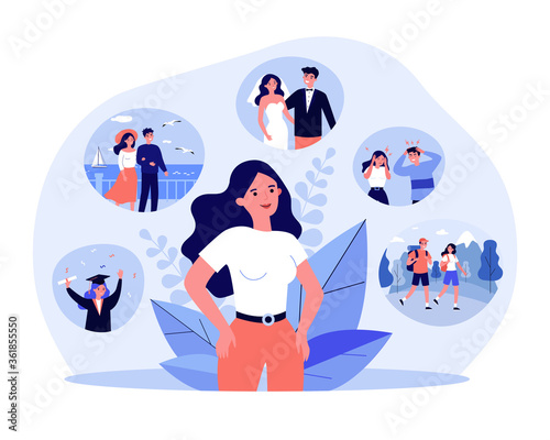 Positive life memories. Woman recalling happy scenes of her life, graduation, wedding day, vacation with beloved man. Vector illustration for past, personality, psychology concept