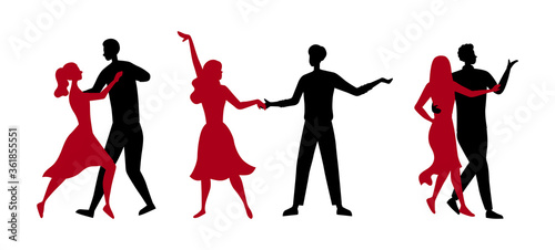 Dance School Or Competitions Concept. Silhouettes Of People Enjoying Of Spending Time Together. Men And Women Have A Good Time Dancing Tango In Pairs Together. Cartoon Flat Style. Vector Illustration