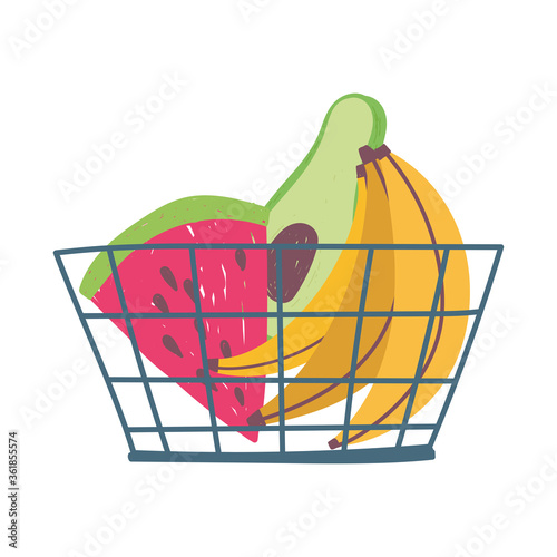 shopping basket with watermelon avocado and bananas isolated icon design white background